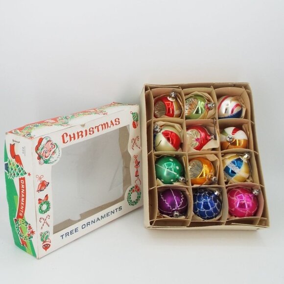 Vintage Mercury Glass Boxed Set of 12 Christmas Ornaments Made in Poland - Picture 1 of 11